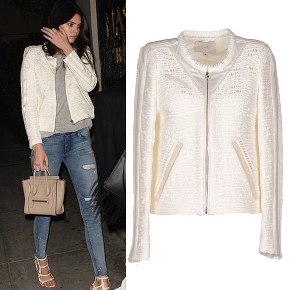 IRO • Kendall Jenner • Felicy Ivory Jacquard Silk Lamb Leather Trim Moto Jacket - Picture 1 of 16